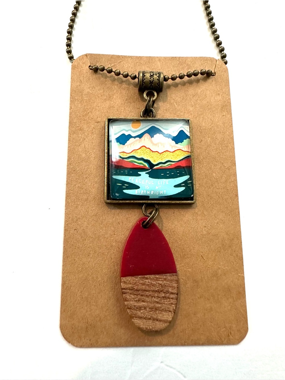 Artisan Red & Wood Pendant Necklace with Scenic Tile